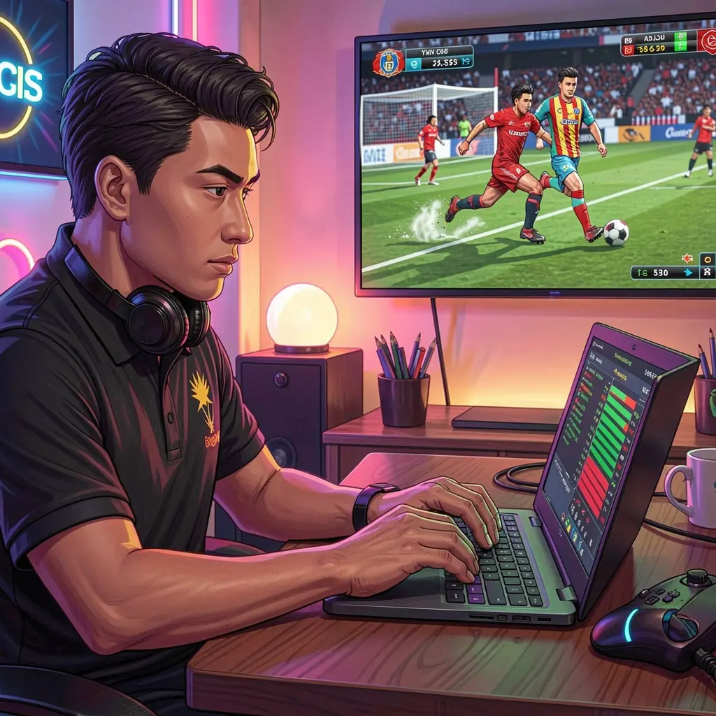 Malaysian sports betting enthusiast placing live football bets online on a laptop while watching the match on TV using DIRIWAN888