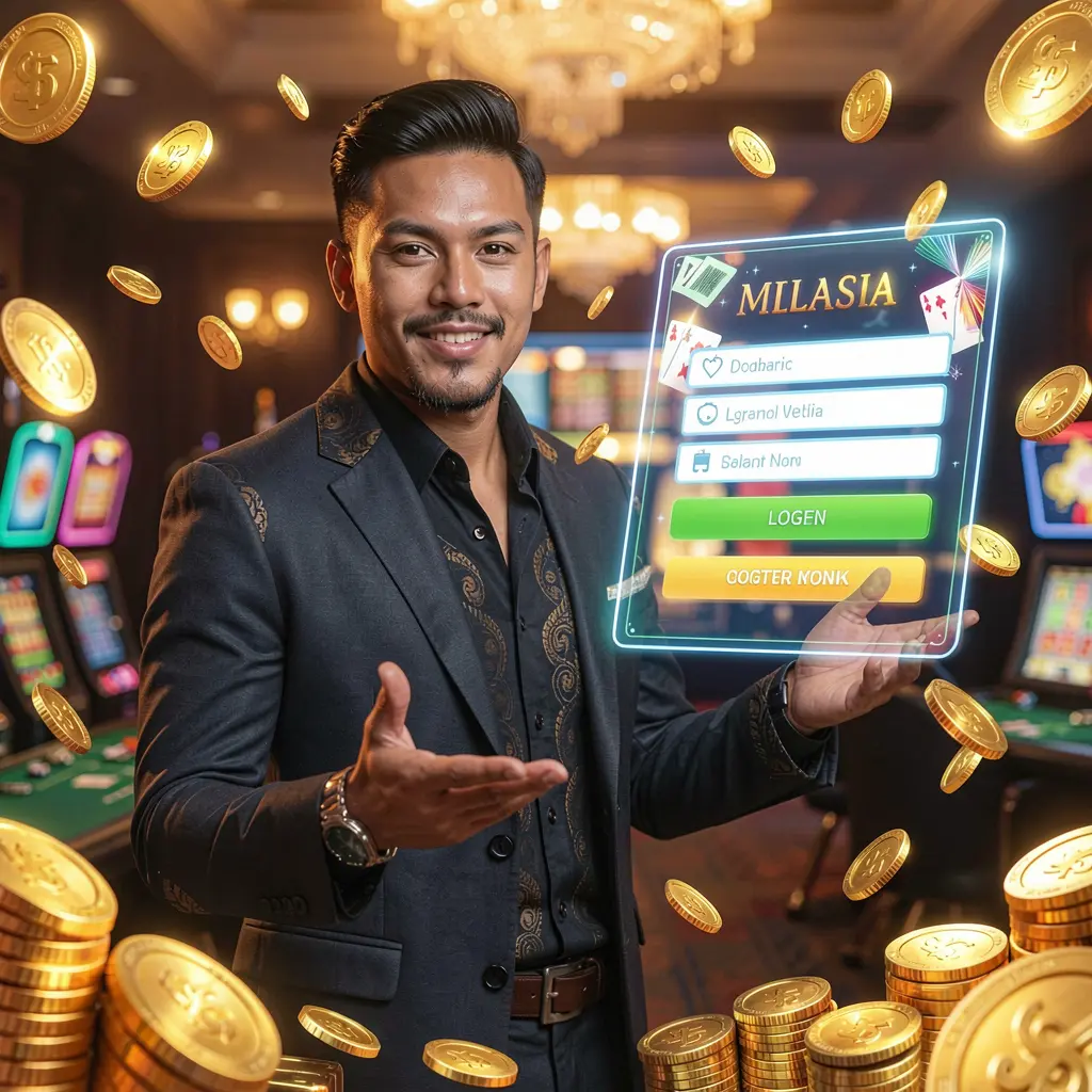 DIRIWAN888 Login – Secure and fast access to your gaming account in Malaysia Professional DIRIWAN888 live casino dealer surrounded by golden coins with a holographic login interface symbolizing secure access for Malaysian users