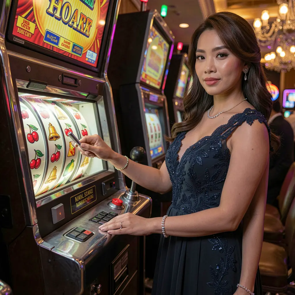 DIRIWAN888 – Experience premium online slot entertainment for players in Malaysia A glamorous Malaysian woman in a luxury evening dress playing a brightly lit slot machine surrounded by casino atmosphere at DIRIWAN888 showcasing premium online gaming entertainment in Malaysia